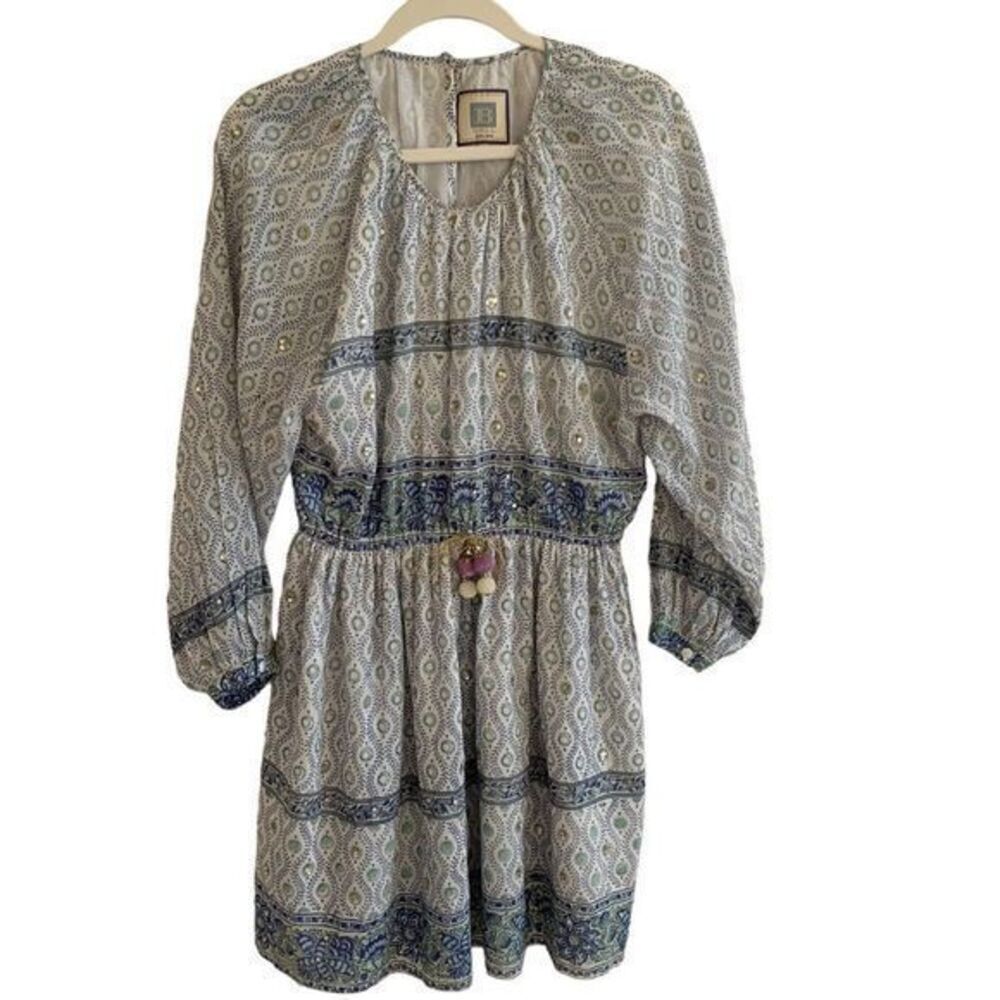 Boho Mini Dress Blue Green Print Sz M